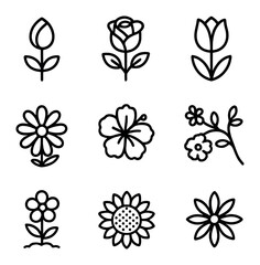 Fototapeta premium Blooming Flower Icons. Outline icon set of flower blooming: flower bud, blooming rose, tulip in