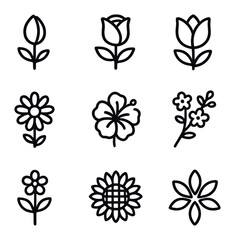 Blooming Flower Icons. Outline icon set of flower blooming: flower bud, blooming rose, tulip in