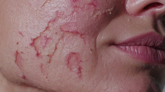 Severe Skin Irritation: Close-up detail of a woman's face revealing severe skin irritation, characterized by redness, cracking, and inflammation.  The image is clinically detailed.