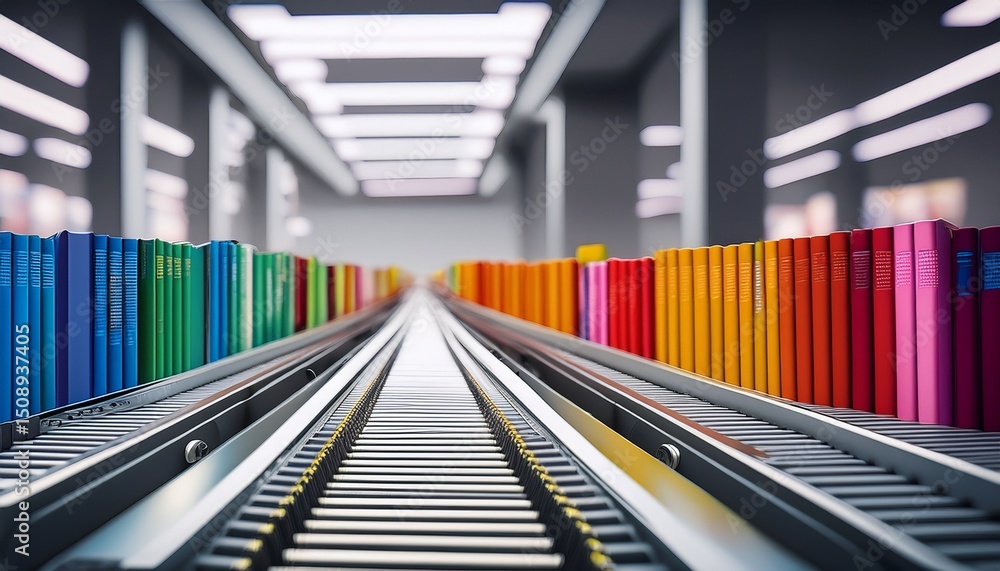 Poster various colored books being sorted on a modern conveyor belt in a smart library system high tech sen