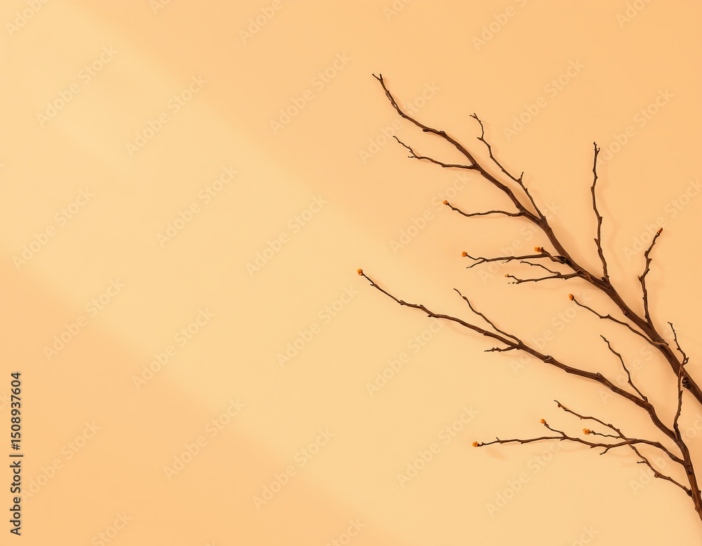 Poster minimalist dry twig with small buds on soft beige background creating calm mood