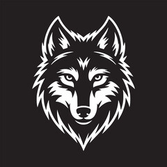 A stylized white wolf head with sharp features isolated against a solid black background design element