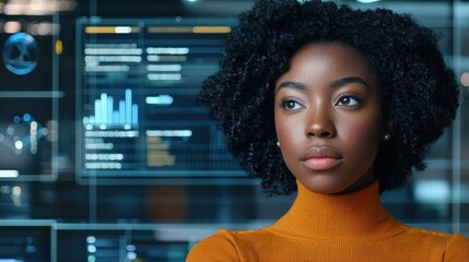 Innovation lab collaboration strategy concept. A woman with curly hair in front of digital data displays.