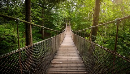 wooden suspension bridge with rope railings leading through lush green forest