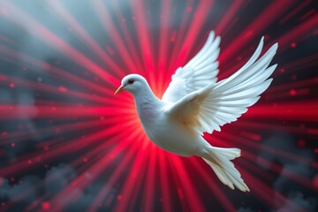 Dove of Hope and Serenity: A pristine white dove soars gracefully against a dynamic, radiant background of brilliant light, symbolizing peace and hope.
