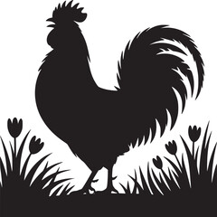 Silhouette of a rooster standing in grass with flowers in a black and white illustration art style