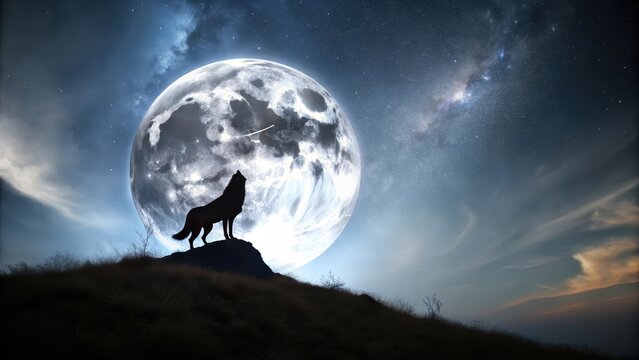 Lone wolf on hill under a full moon, night scene, wild animal,  night scene, wild animal