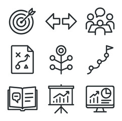 Business Goal Icons. Outline icon set of business goal alignment sessions: bullseye target,