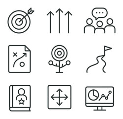 Business Goal Icons. Outline icon set of business goal alignment sessions: bullseye target,