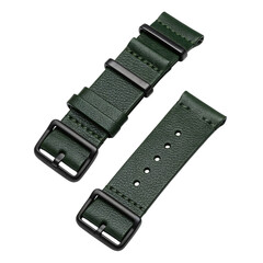 Close-up of a Stylish Dark Green Leather Watch Strap with Black Buckle.