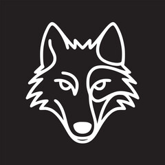 A white line drawing of a wolf's head with pointed ears on a solid black background illustration art
