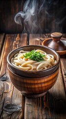 Steaming bowl of udon noodles in a rustic ceramic pot