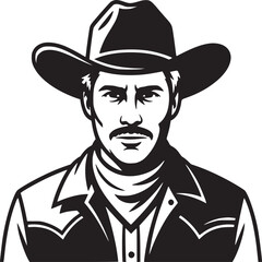 A black and white drawing of a man wearing a cowboy hat and a jacket with a white background