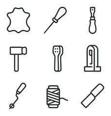Leatherworking Tools Icons. Outline icon set of leatherworking bench: leather hide, stitching awl, edge beveler, mallet, leather