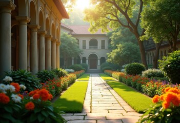 Obraz premium lush university gardens architectural features serene pathways greenery stationary harmony, architecture, plants, trees, horticulture, floral, paths, scenery