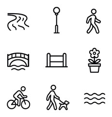 Canal Walk Icons. Outline icon set of canal-side daily walk: river channel, lamppost with globe