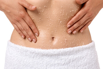 Woman applying body scrub onto her belly against white background, closeup