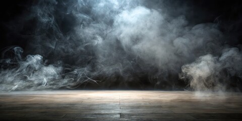 empty floor with smoke on dark background, somber mood, empty space,  somber mood