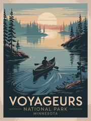 Voyagers National Park in Minnesota, USA travel destination poster in retro style. Colorful vector art illustration