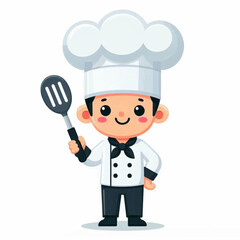 A cheerful cartoon chef donned in traditional attire and a toque proudly holds a slotted spoon
