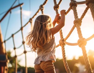 Young girl climbing a rope net at sunset
