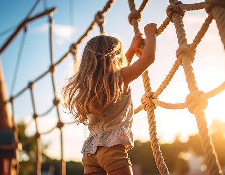 Young girl climbing a rope net at sunset