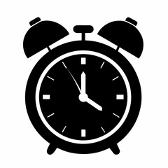Black alarm clock icon showing vintage metal bell and white face isolated on white, a classic reminder of morning time and deadlines
