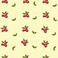 Soft-colored repeating cranberry and leaf design on beige background, great for rustic-themed packaging, textiles, or crafts.
