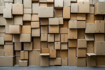 A collage of stacked cardboard boxes in varying sizes creating an abstract wall display in a shipping or storage area