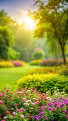 Fototapeta premium Overgrown vegetation and blooming flowers create a lush greenery backdrop against a blurred outdoor landscape