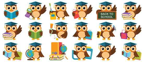Cute Graduated Owls with School Supplies and Books