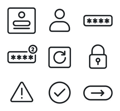 Login Flow Icons. Outline icon set of online account login flow: login screen, username field, password field, two-factor code,