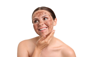 Smiling woman with body scrub on her face against white background