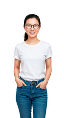 Young smiling asian woman wearing eyeglasses and a blank white t-shirt with her hands in her pockets cut out