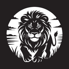 A black and white graphic illustration of a lion with a background of grass and a cloudy sky