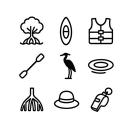 Fototapeta premium Mangrove Tour Icons. Outline icon set of mangrove eco-boat tours: mangrove tree, kayak, life jacket, paddle, egret silhouette,