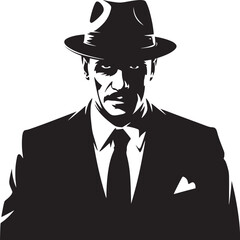 Black and white illustration of a man in a suit and hat with a stern expression on his face