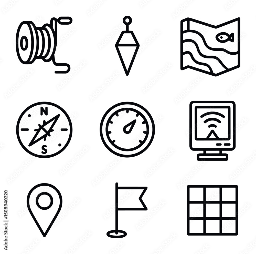 Poster mapping icons design. outline icon set of mapping and navigation tools: guide reel, survey line, und