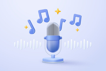 3d microphone with music note is symbol denoting a musical sound. mic record for music singing and audio tune or harmony tone concept. 3d microphone and melody notes icon vector render illustration