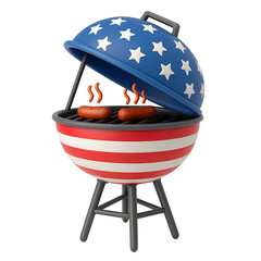 A cartoon grill with two hot dogs on it. The grill is red, white and blue and has a star on it