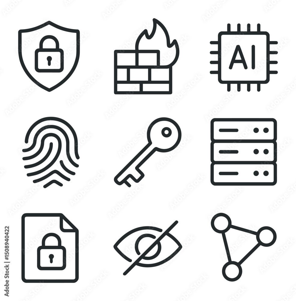 Poster data security icons. outline icon set of data security ai: shield with lock, firewall, ai chip, fing