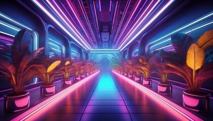 Fototapeta premium a futuristic corridor lined with glowing plants illuminated by vibrant neon lights creating a captivating sci fi atmosphere