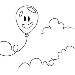 Happy Smiling Balloon Floating in the Sky Clouds Line Art