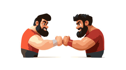 Cartoonish arm wrestling match between two muscular bearded men in red shirts