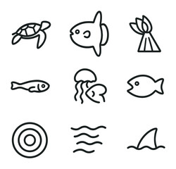 Marine Predator-Prey Icons. Outline icon set of predator–prey interactions with Pelagia: sea turtle silhouette, sunfish outline,