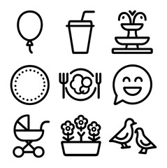 Community Park Icons. Outline icon set of community park gatherings: balloon, disposable cup, paper