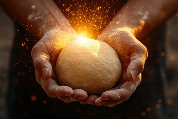 Hands Holding Dough with Flour Dust and a Glow Effect