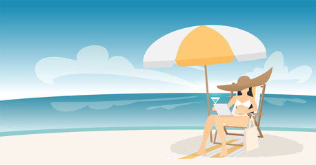 Remote Work on the Beach – Woman in Bikini Using Laptop under Umbrella