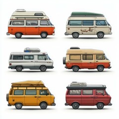 Vintage camper vans parked together in a line during a sunny day showcasing different styles and colors