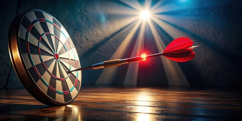 A perfectly thrown dart is illuminated by a bright spotlight as it hits the center of a glowing red bullseye target in a dimly lit room , glow, highlight